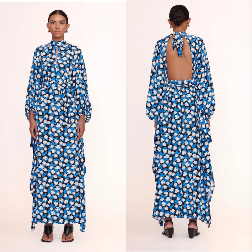 A flowy long sleeve maxi dress with open back, tie neck. Very flattery and comfy